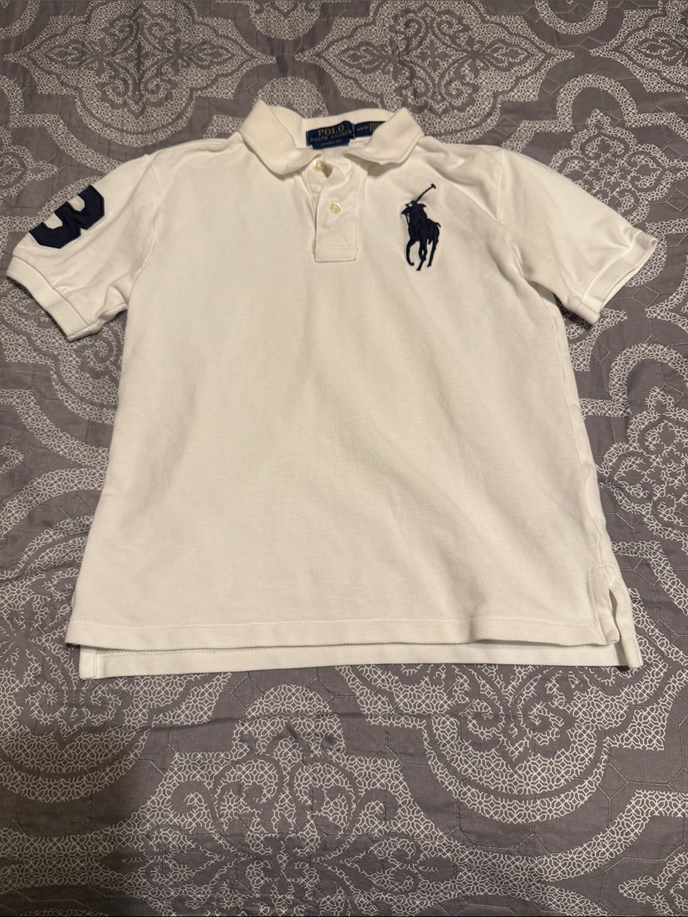 Boy Ralph Lauren White Polo with Navy Pony & Sleeve Number